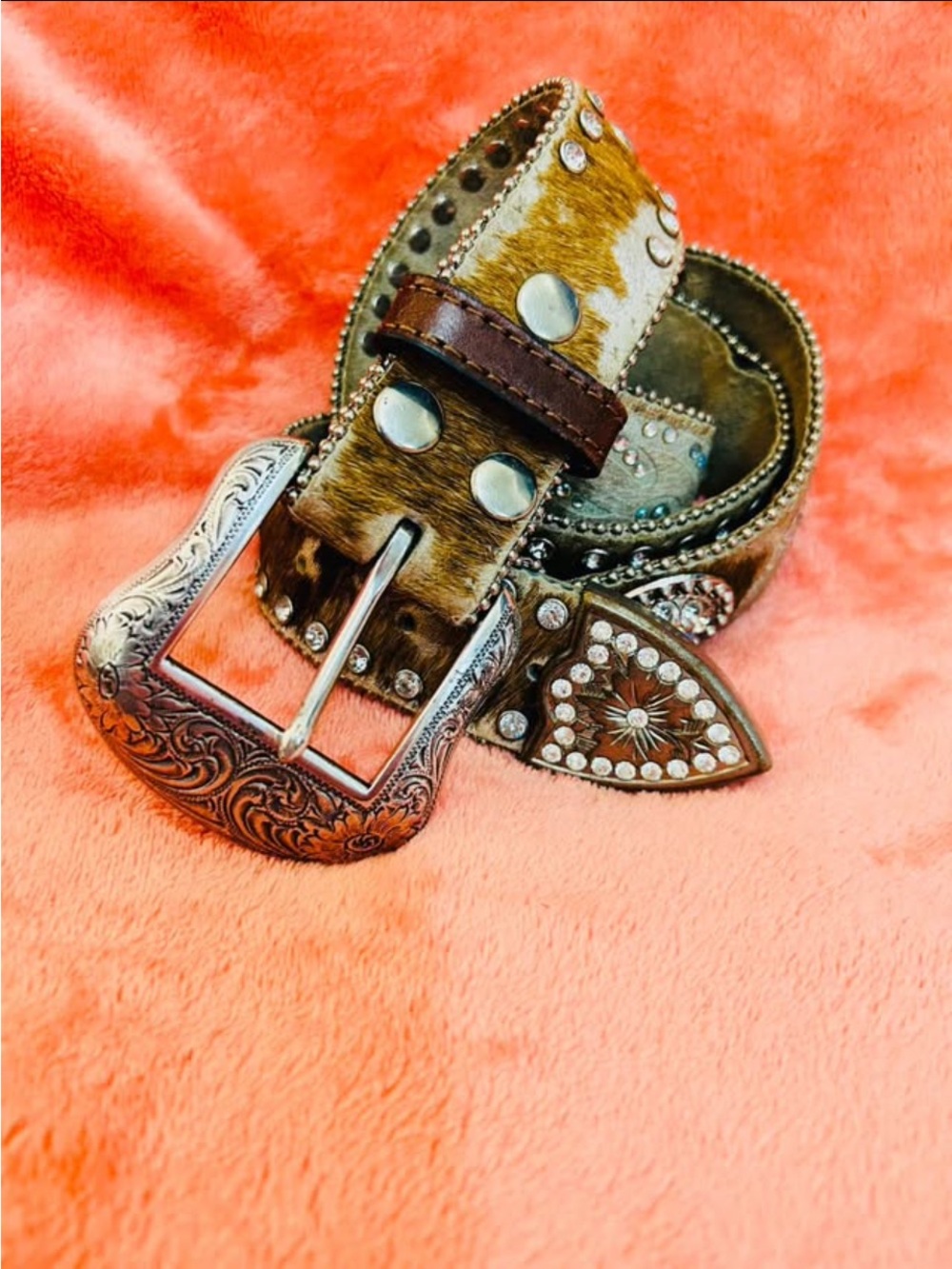 Western Studded Brown Haircalf Men’s Belt with Decorative Buckle